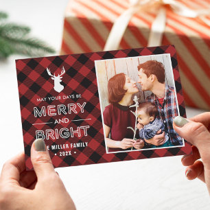 Red Buffalo Check Plaid Merry and Bright Photo Holiday Card