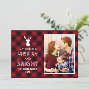 Red Buffalo Check Plaid Merry and Bright Photo Holiday Card
