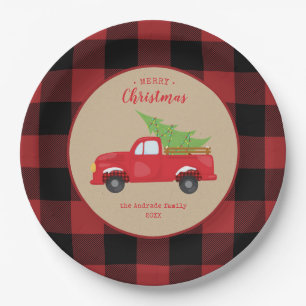 Red Buffalo Check Plaid Merry Christmas Red Truck Paper Plate