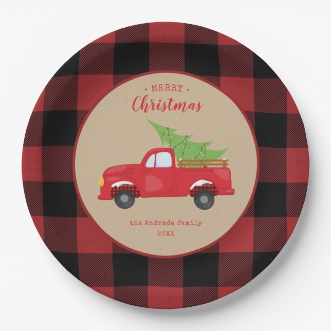 Red Buffalo Check Plaid Merry Christmas Red Truck Paper Plate (Front)