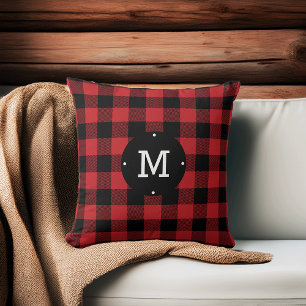 Red Buffalo Check Plaid Monogram Cushion