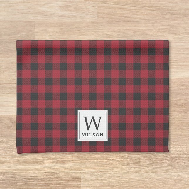 Red Buffalo Check Plaid Monogram Holiday Tea Towel (Creator Uploaded)