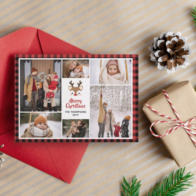 Red Buffalo Check Reindeer Photo Collage Christmas Holiday Card (Creator Uploaded)