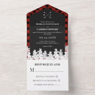 Red Buffalo Check Rustic Arrow Monogram Wedding All In One Invitation