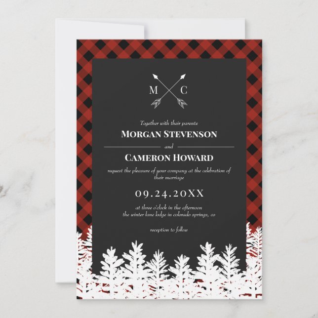 Red Buffalo Check Rustic Arrow Monogram Wedding Invitation (Front)