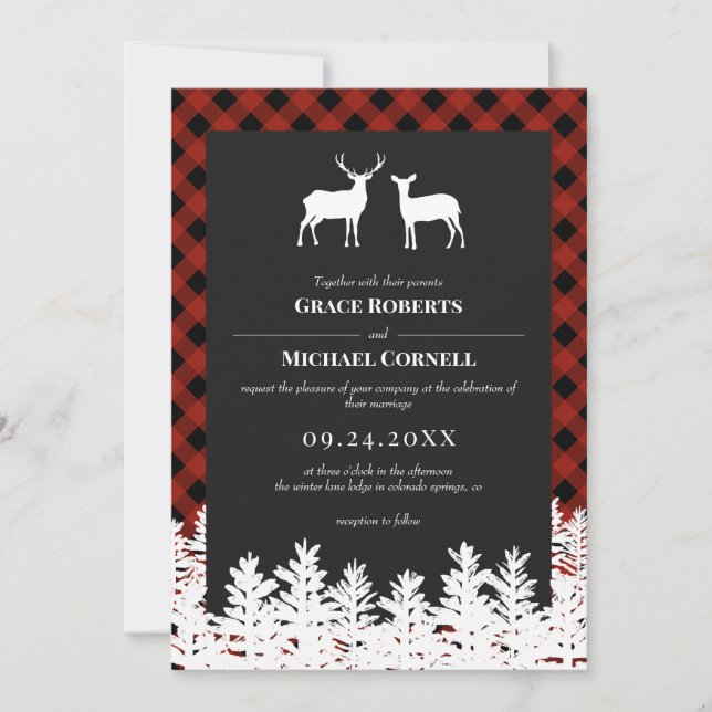 Red Buffalo Check Rustic Deer Buck Doe Wedding Invitation (Front)