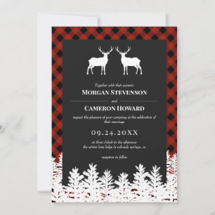 Red Buffalo Check Rustic Deer Bucks Wedding Invitation