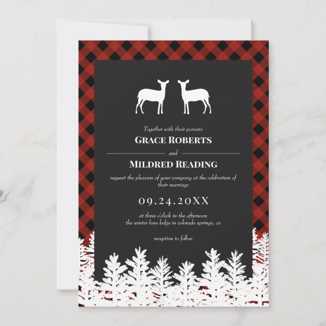 Red Buffalo Check Rustic Deer Does Lesbian Wedding Invitation (Front)