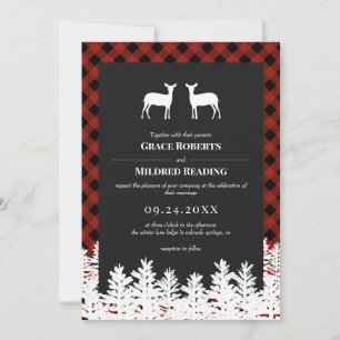 Red Buffalo Check Rustic Deer Does Lesbian Wedding Invitation