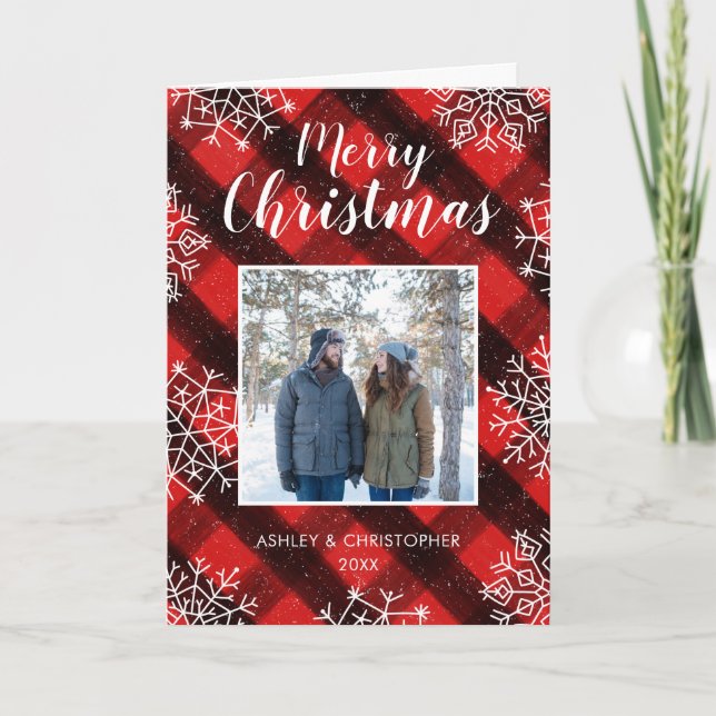 Red Buffalo Check Rustic Photo Merry Christmas Holiday Card (Front)