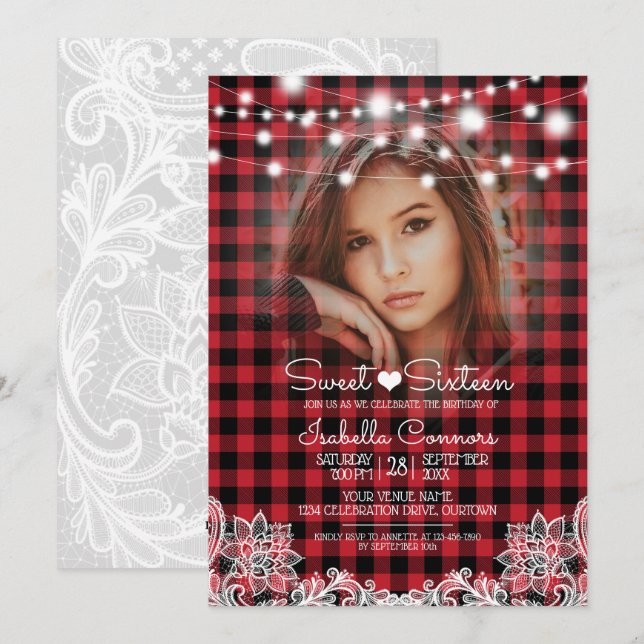 Red Buffalo Check String Lights Sweet 16 Party Invitation (Front/Back)