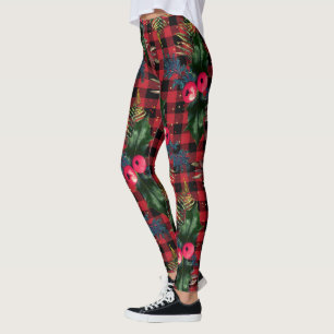 Red Buffalo Check Watercolor Holly Christmas Leggings