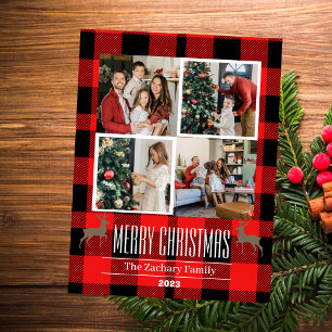 Red Buffalo Christmas holidays Family 4 Photo Holiday Postcard