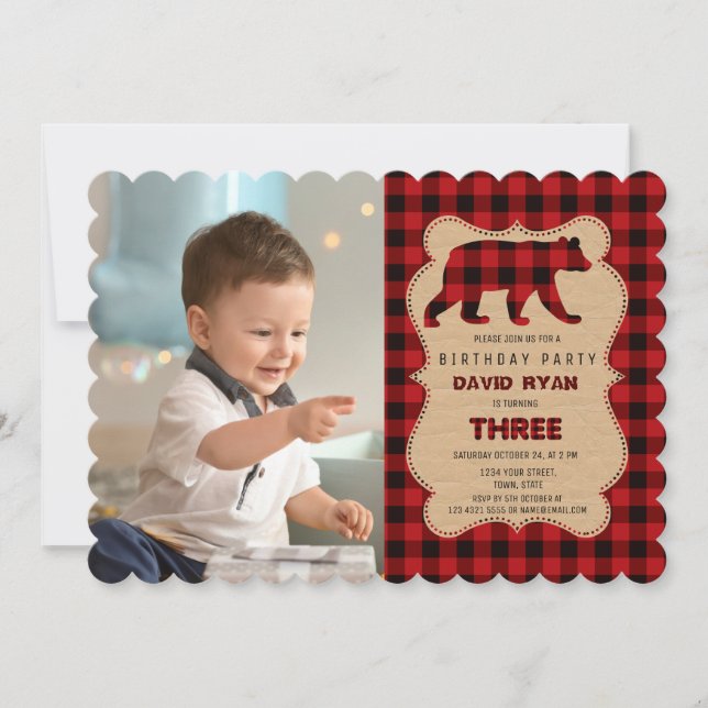 Red Buffalo Lumberjack Photo Birthday Party Invitation (Front)