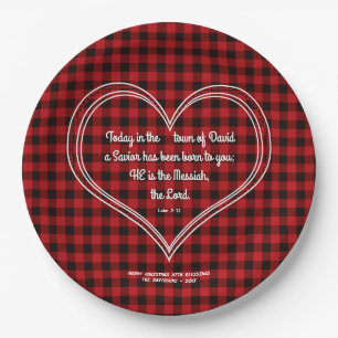 Red Buffalo Pattern Bible Verse Christmas Paper Plate