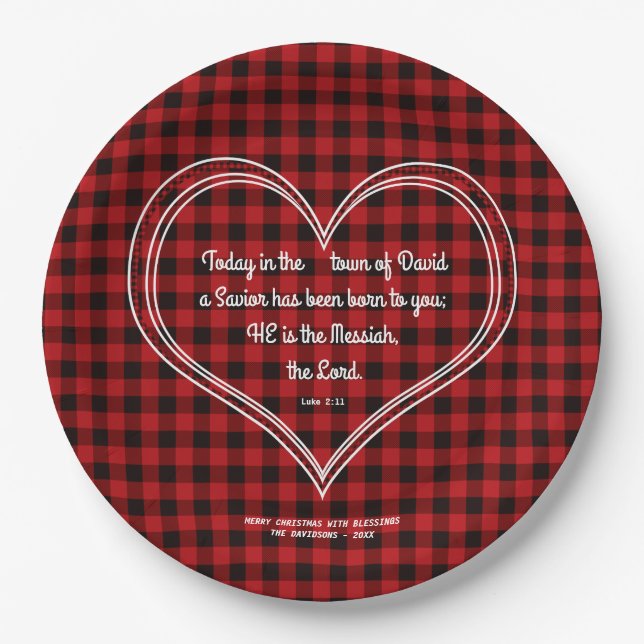 Red Buffalo Pattern Bible Verse Christmas Paper Plate (Front)