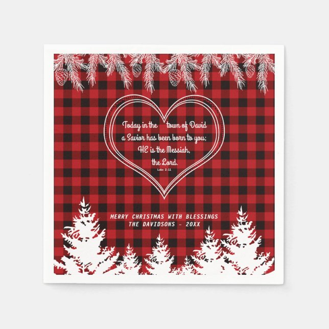 Red Buffalo Pattern Bible Verse Christmas Pine Napkin (Front)