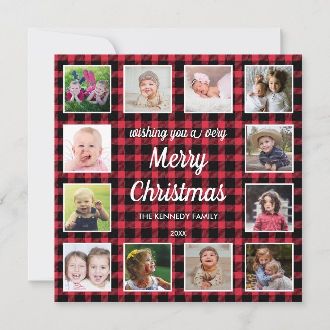 Red Buffalo Plaid 12 Photo Collage  Merry Christm Holiday Card (Front)