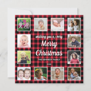 Red Buffalo Plaid 12 Photo Collage Merry Christm Holiday Card