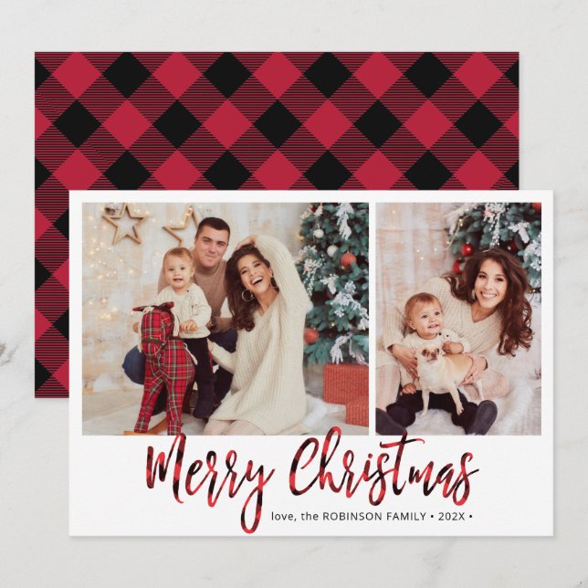 Red Buffalo Plaid 2 Photo Collage Christmas  Holiday Card (Front/Back)