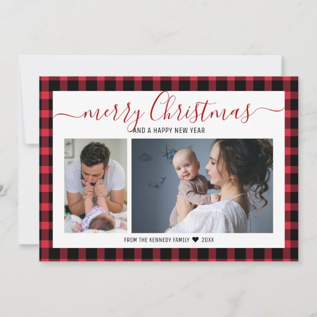 Red Buffalo Plaid 2 Photo Merry Christmas Holiday Card (Front)