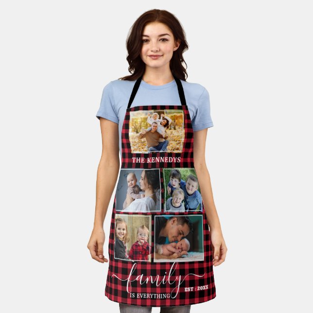 Red Buffalo Plaid 5 Photo Collage Family Quote   Apron (Worn)