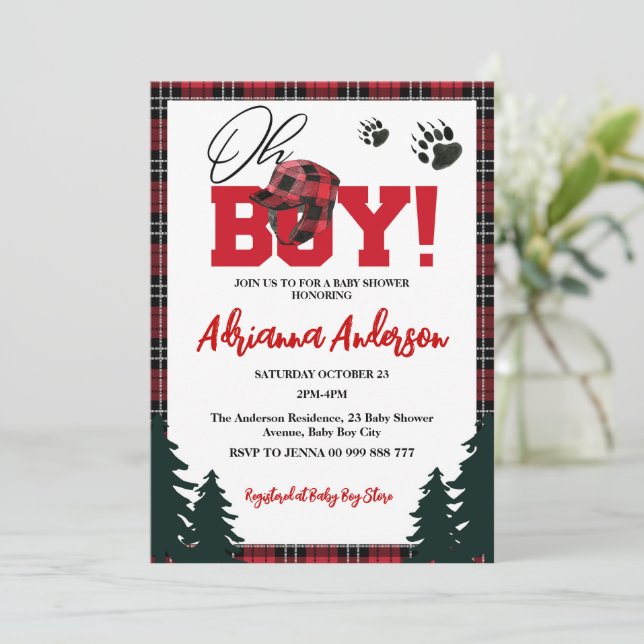 Red Buffalo Plaid Adventure Mountain Baby Shower Invitation (Standing Front)