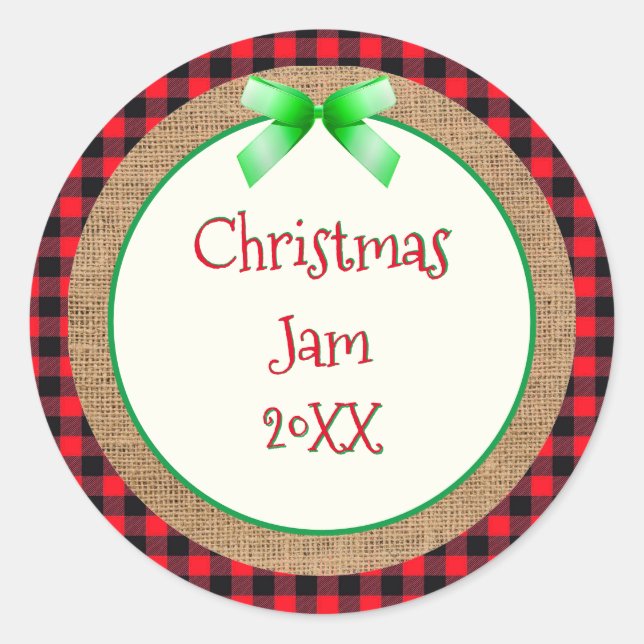 Red Buffalo Plaid and Burlap Christmas Jam Label (Front)