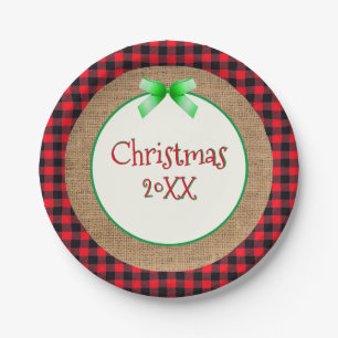 Red Buffalo Plaid and Burlap Christmas with Year Paper Plate