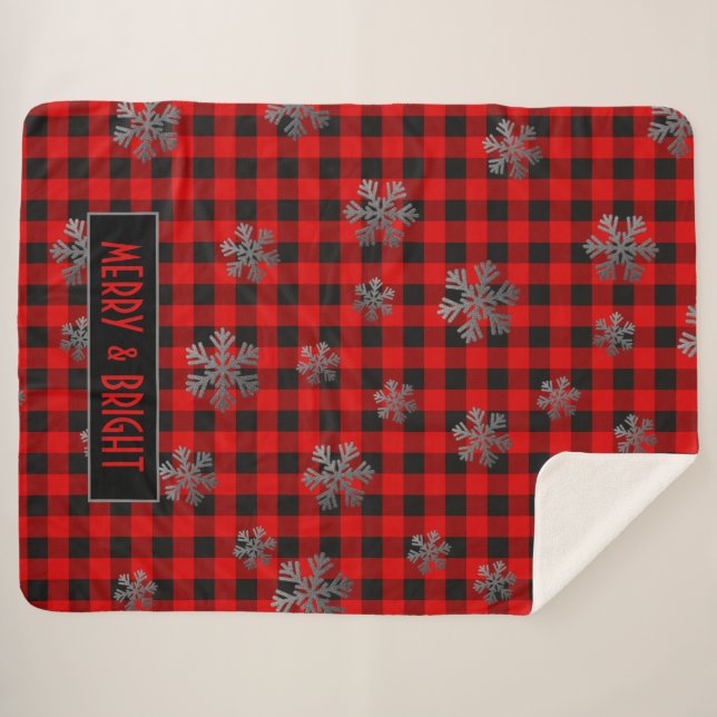 Red Buffalo Plaid and Glitter Snowflakes Sherpa Blanket (Front (Horizontal))