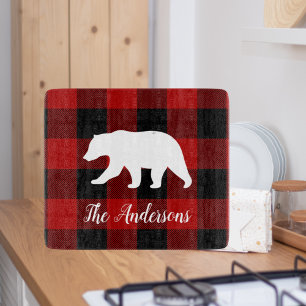 Red Buffalo Plaid & Bear   Personal Name Gift Cutting Board