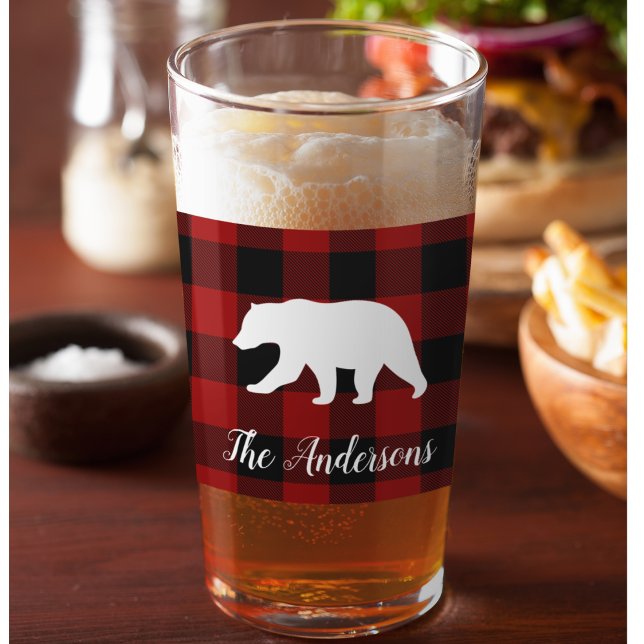 Red Buffalo Plaid & Bear | Personal Name Gift Glass (Creator Uploaded)
