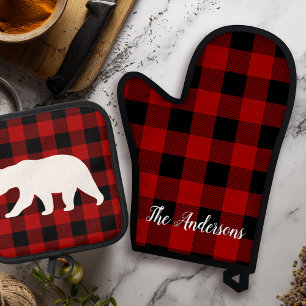 Red Buffalo Plaid & Bear   Personal Name Gift Oven Mitt & Pot Holder Set