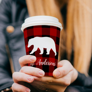 Red Buffalo Plaid & Bear Personal Name Gift Paper Cups