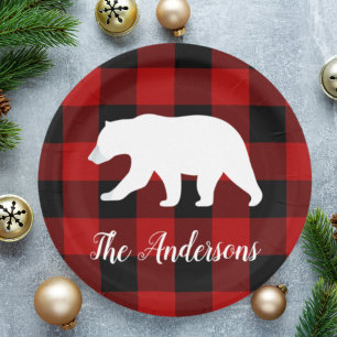 Red Buffalo Plaid & Bear   Personal Name Gift Paper Plate
