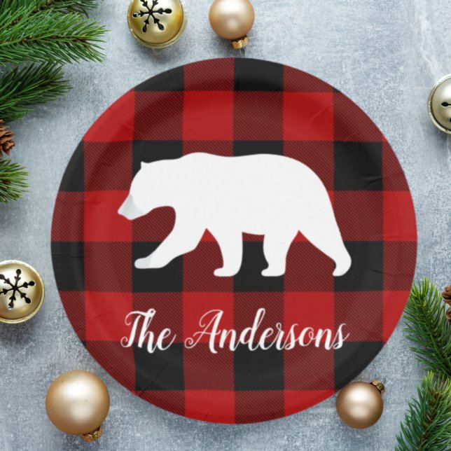 Red Buffalo Plaid & Bear | Personal Name Gift Paper Plate (Creator Uploaded)