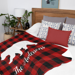 Red Buffalo Plaid & Bear   Personal Name Gift Sherpa Blanket