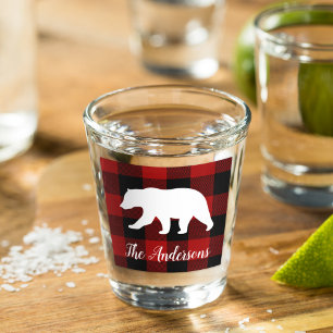 Red Buffalo Plaid & Bear   Personal Name Gift Shot Glass