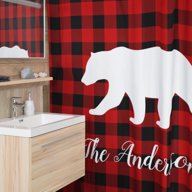 Red Buffalo Plaid & Bear | Personal Name Gift Shower Curtain (Creator Uploaded)