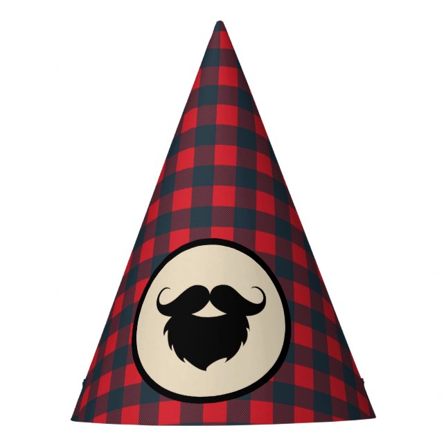 Red Buffalo Plaid Beard Lumberjack Birthday Party Hat (Front)