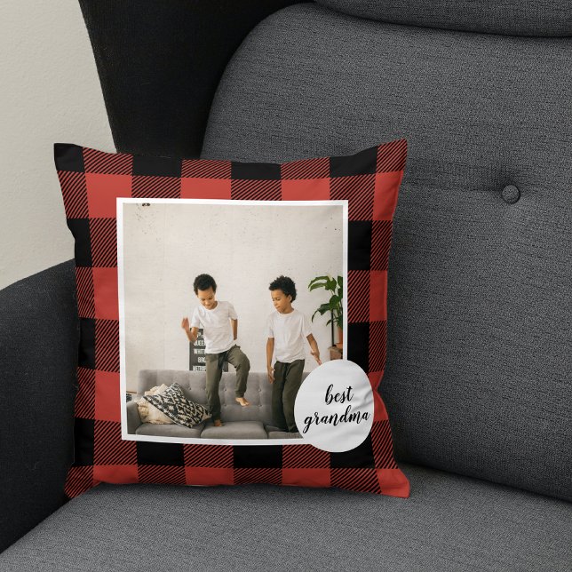 Red Buffalo Plaid Best Grandma Gift With Photo Cushion (Creator Uploaded)