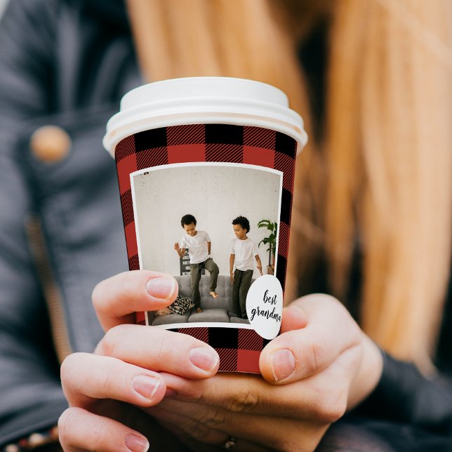 Red Buffalo Plaid Best Grandma Gift With Photo Paper Cups (Creator Uploaded)