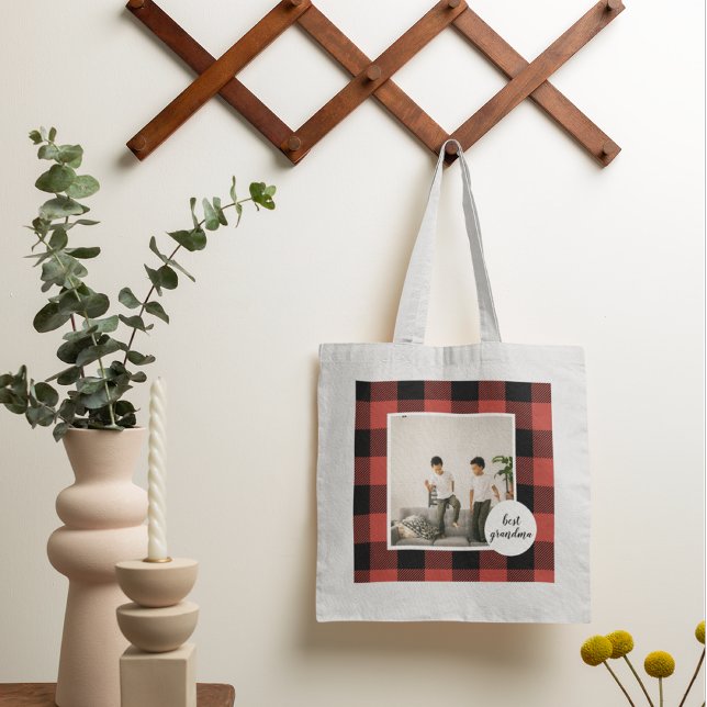 Red Buffalo Plaid Best Grandma Gift With Photo Tote Bag (Creator Uploaded)