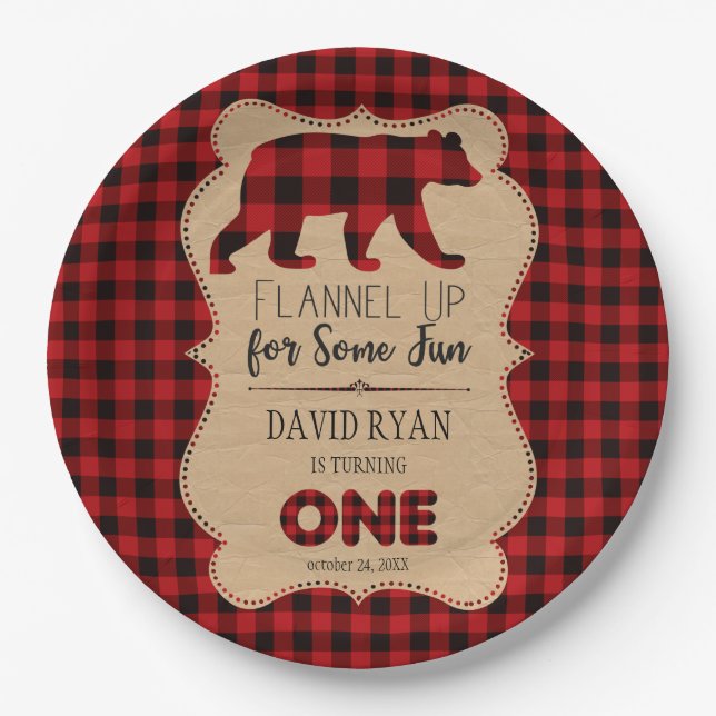 Red Buffalo Plaid Birthday ONE Custom Paper Plate (Front)