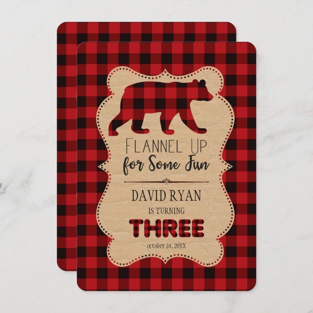 Red Buffalo Plaid Birthday THREE Custom Invitation (Front/Back)