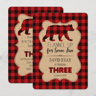 Red Buffalo Plaid Birthday THREE Custom Invitation