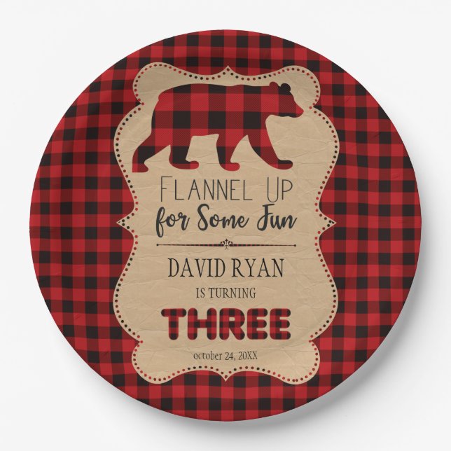 Red Buffalo Plaid Birthday THREE Custom Paper Plate (Front)