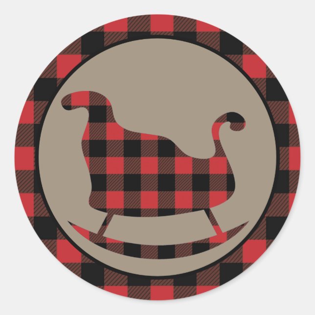 Red Buffalo Plaid Border Christmas Sleigh Classic Round Sticker (Front)