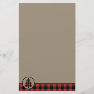 Red Buffalo Plaid Border Christmas Tree Stationery