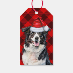 Red Buffalo Plaid Border Collie Dog Christmas Gift Tags